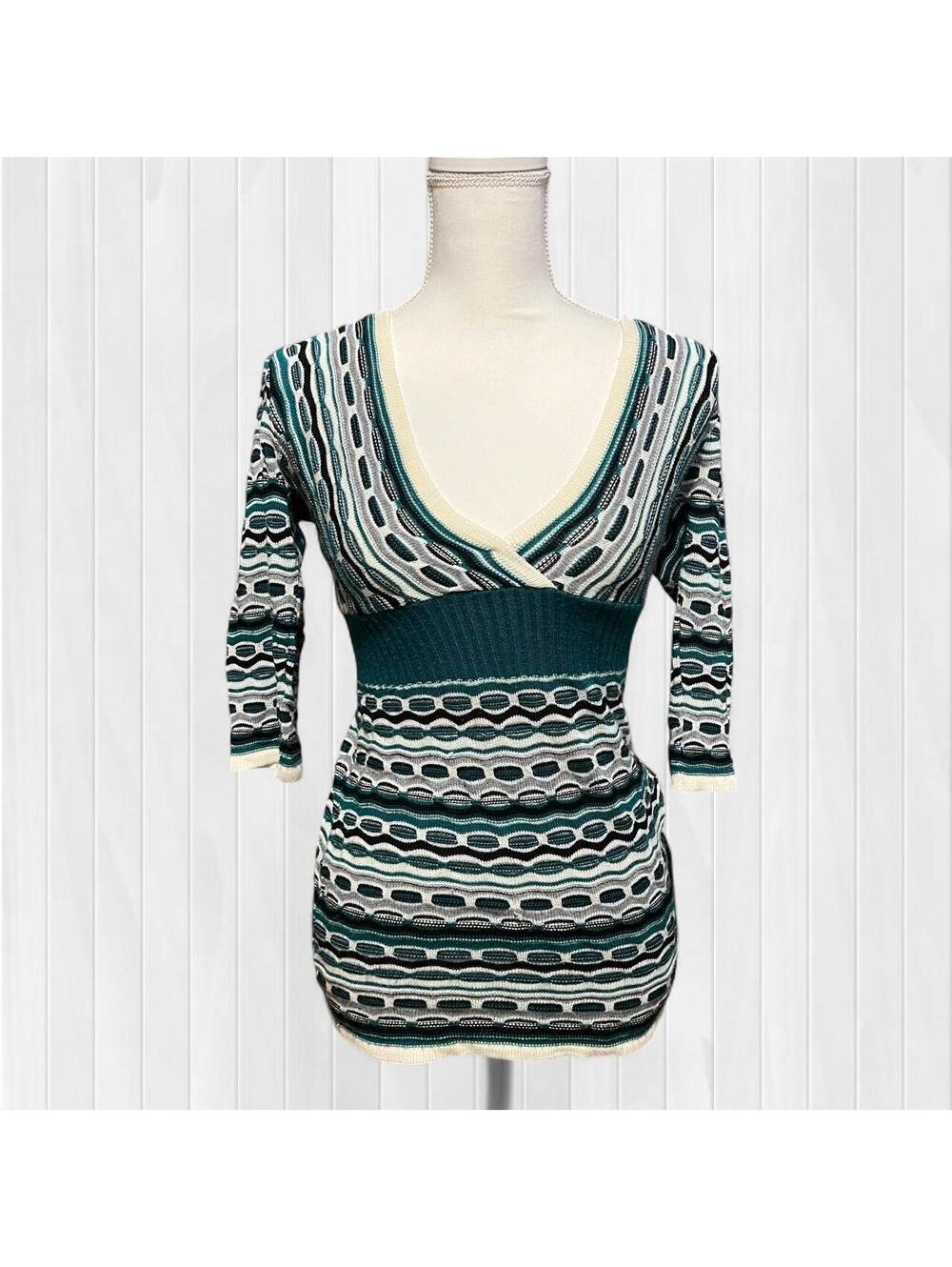 Y2K Teal Abstract Knit Babydoll Hooded Top Size M Vintage 90s 00s Boho Grunge
